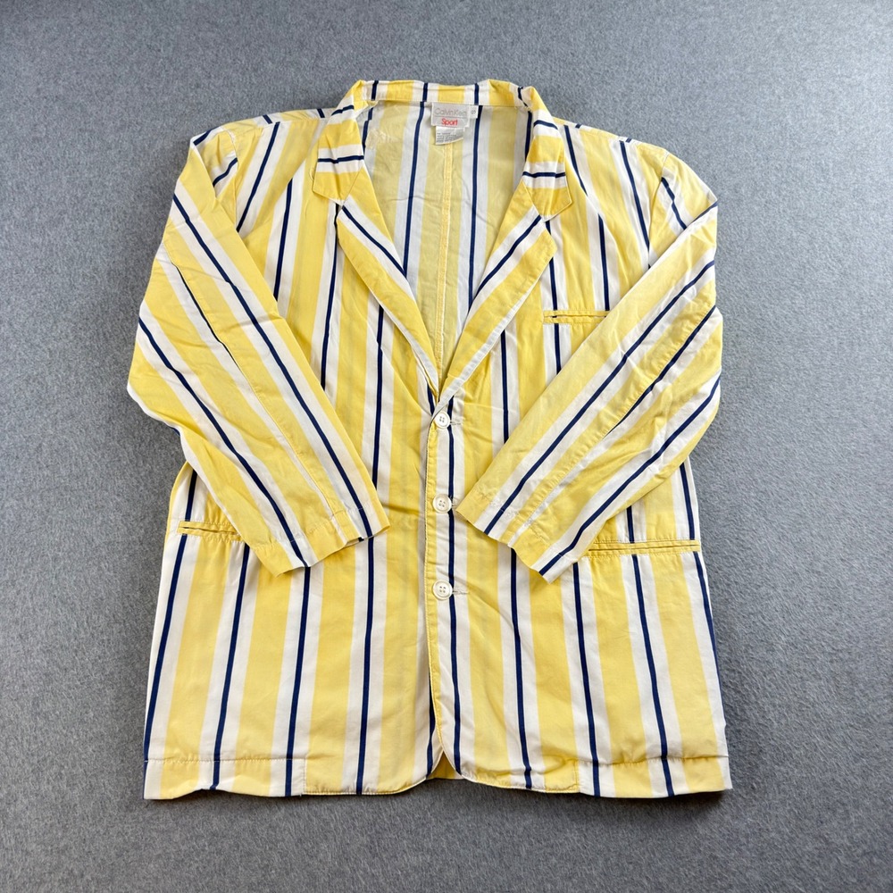 Vintage 1980s Calvin Klein Sport Striped Cotton Blazer Yellow Navy Mens Small